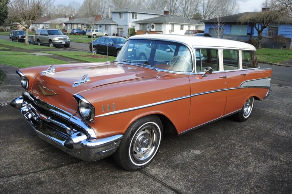 1957 Chevrolet 210 Wagon parked in garage driveway in USA which was imported to Oviken in Sweden